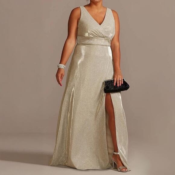 Oleg Cassini Metallic A-Line Tank Gown with Slit Skirt Women's 18W Wedding Prom - Picture 1 of 13